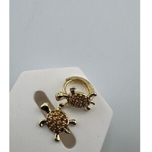 14k Gold Plated Mini Turtle Huggie Hoop Earrings‎ Amber Cubic Zirconia New